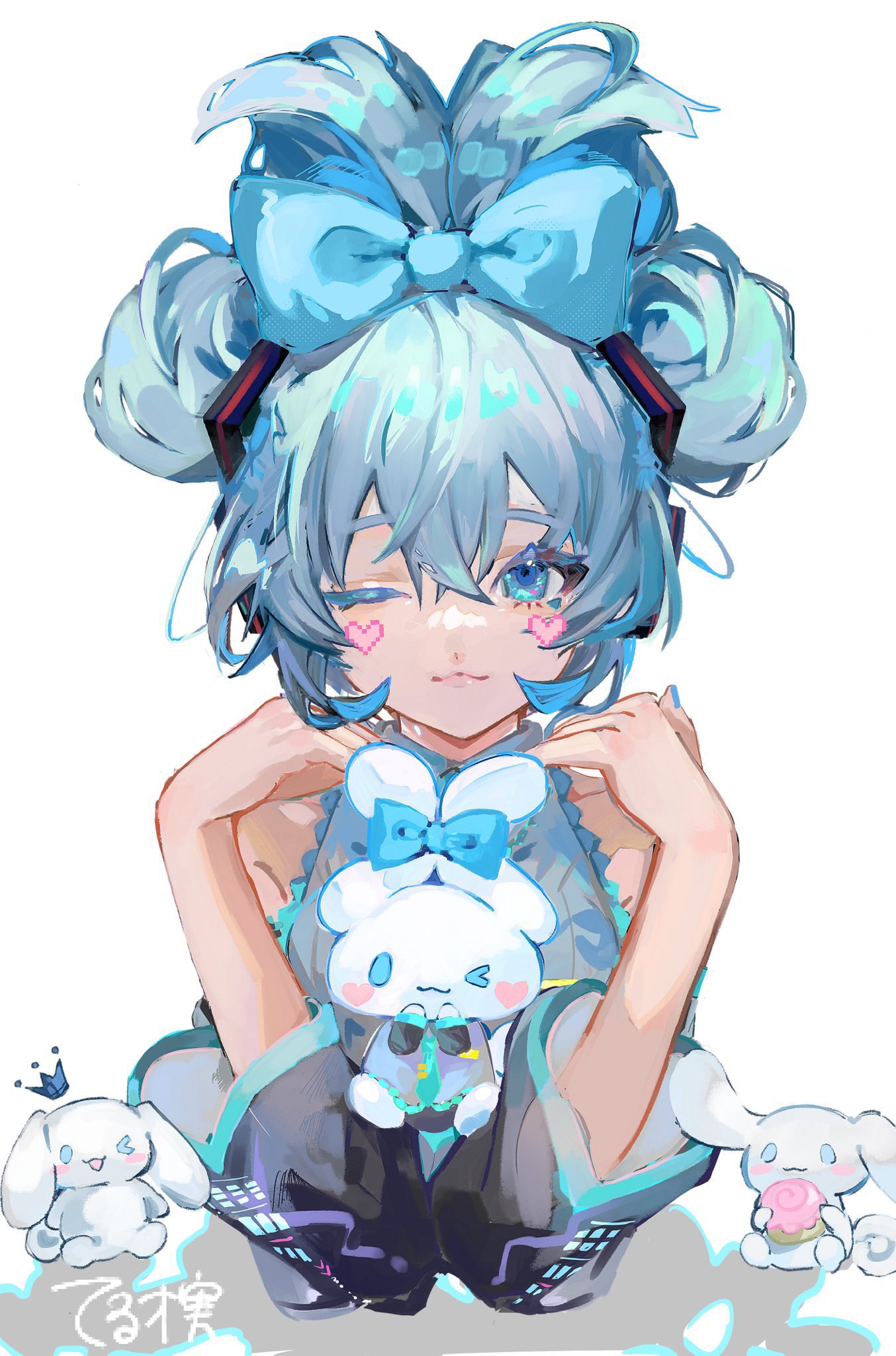 >_o, 1girl, :3, black_sleeves, blue_bow, blue_eyes, blush_stickers, bow, cinnamiku, cinnamoroll, closed_mouth, cosplay, detached_sleeves, ear_bow, folded_twintails, grey_shirt, hair_bow, hatsune_miku, hatsune_miku_(cosplay), highres, long_sleeves, one_eye_closed, pixel_heart, rabbit, sanrio, shirt, simple_background, smile, solo, tail_ear, tied_ears, updo, vocaloid, white_background