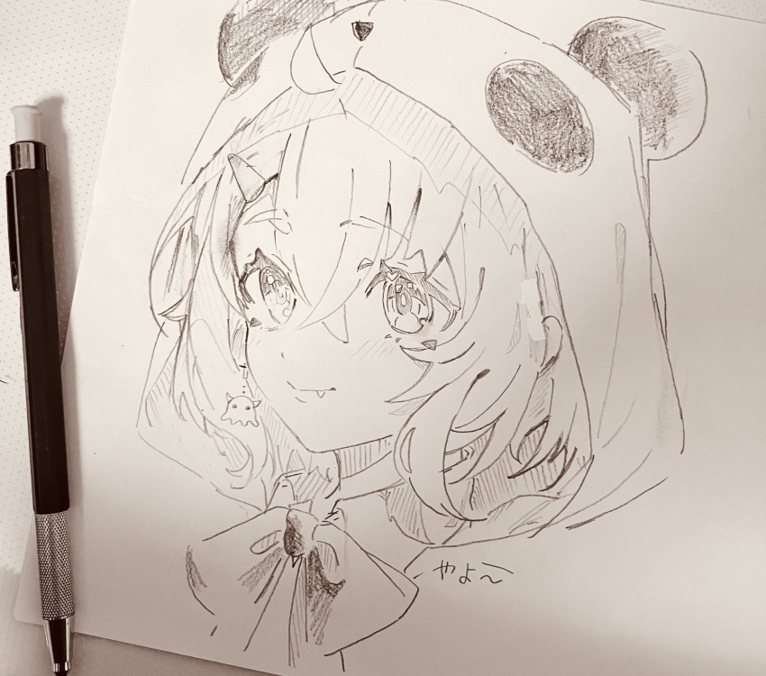 1girl, ahoge, animal_hood, art_tools_in_frame, blush, bow, bowtie, crossed_bangs