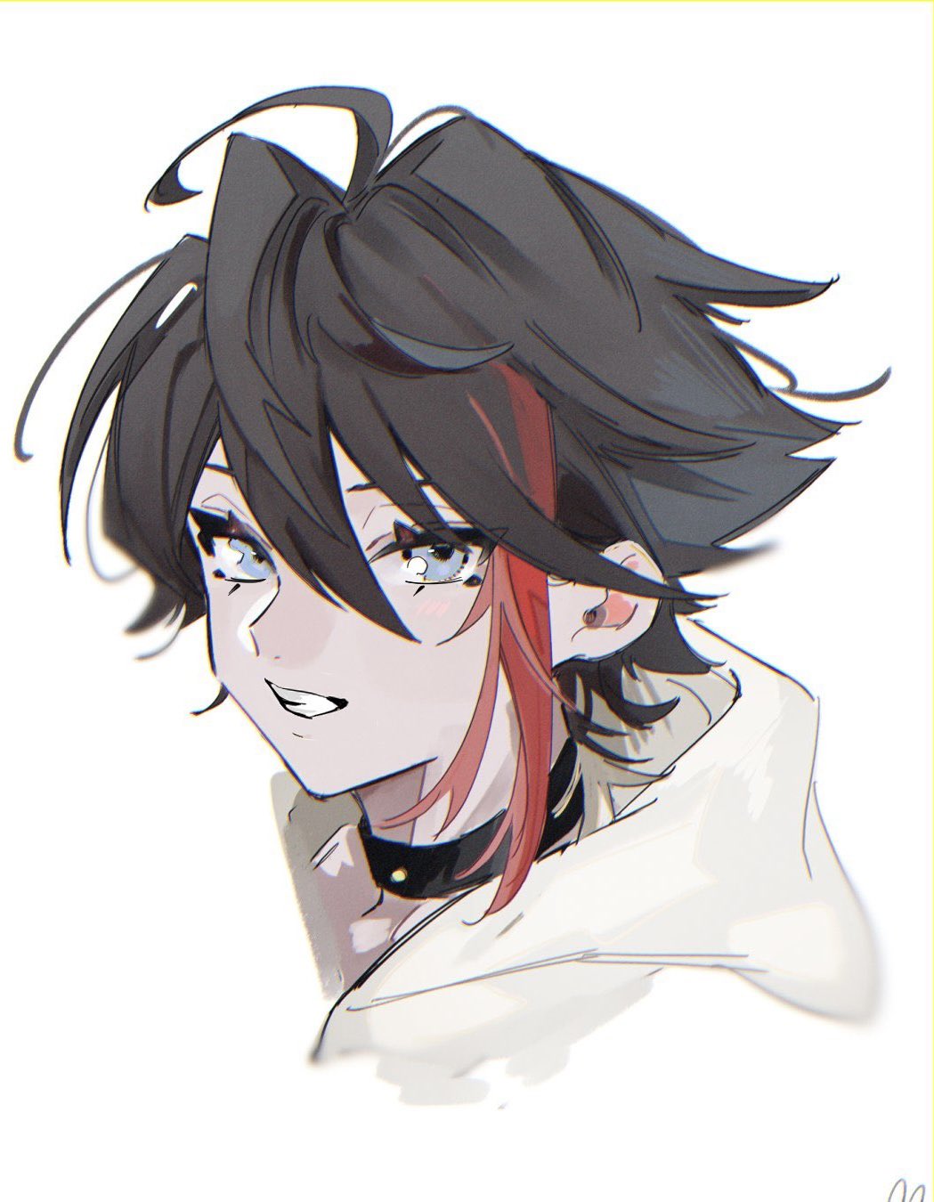 1boy, ahoge, black_choker, black_hair, blue_eyes, choker, highres, hood