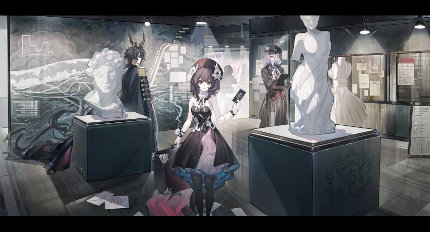 1boy, 2girls, absurdres, animal_ears, arknights, ascot, bag, beret