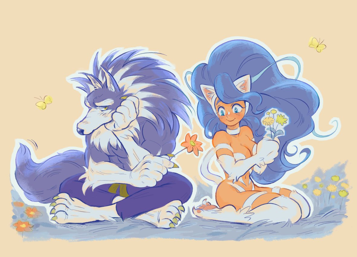 1girl, animal_ears, blue_eyes, blue_hair, blush, bug, butterfly, cat_ears, cat_girl, cat_tail, crossed_legs, felicia_(vampire), flower, gallon, long_hair, ooobxdooo, pink_background, seiza, sitting, tail, vampire_(game), werewolf, wolf_boy