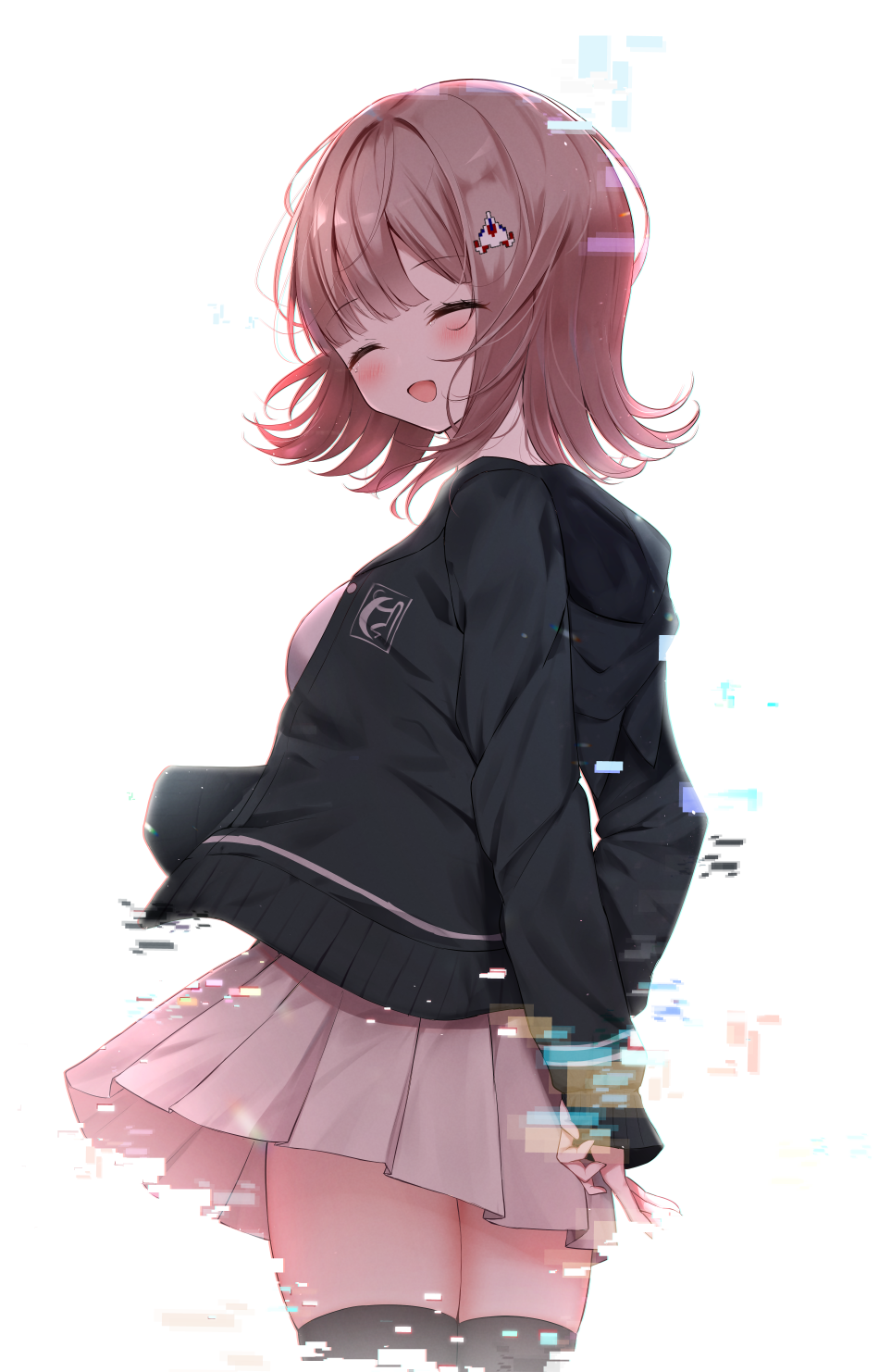 1girl, :d, black_jacket, black_thighhighs, blush, brown_hair, brown_skirt, closed_eyes