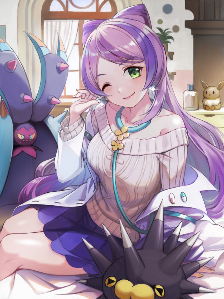 1girl, breasts, coat, earrings, eyeshadow, flower_earrings, green_eyes, highres
