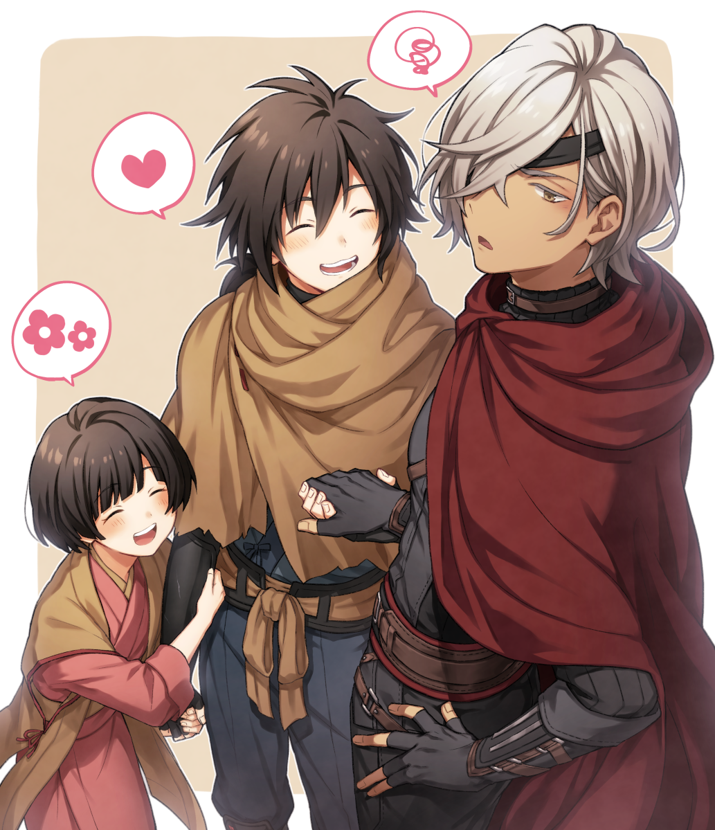 >_<, 1girl, 2boys, :d, arm_guards, armor, belt, black_gloves