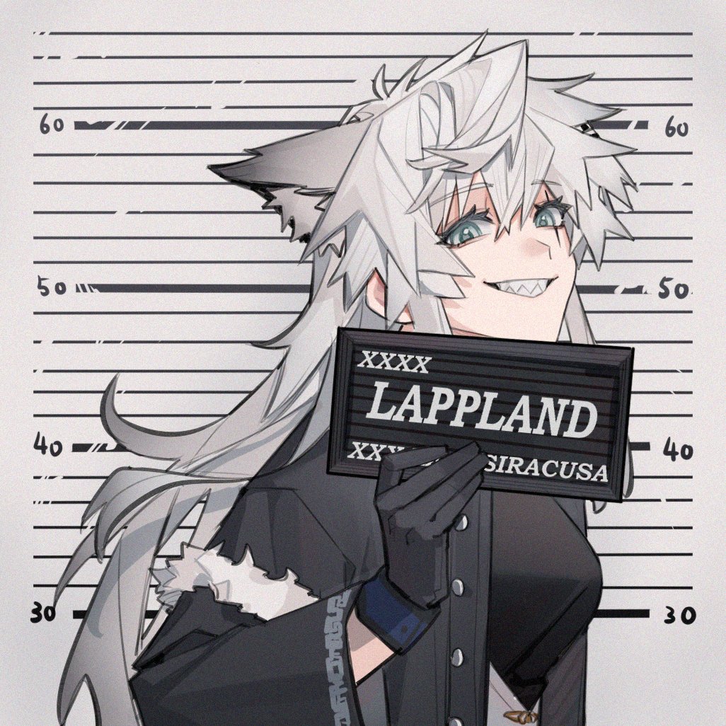 1girl, animal_ear_fluff, animal_ears, arknights, barbie_mugshot_(meme), black_coat, black_gloves, character_name, coat, commentary, english_commentary, erober, fur-trimmed_coat, fur_trim, gloves, grey_eyes, hair_between_eyes, holding, holding_sign, lappland_(arknights), lappland_(refined_horrormare)_(arknights), long_hair, looking_at_viewer, meme, messy_hair, mugshot, official_alternate_costume, scar, scar_across_eye, sharp_teeth, sidelocks, sign, smile, solo, teeth, upper_body, white_hair, wolf_ears, wolf_girl