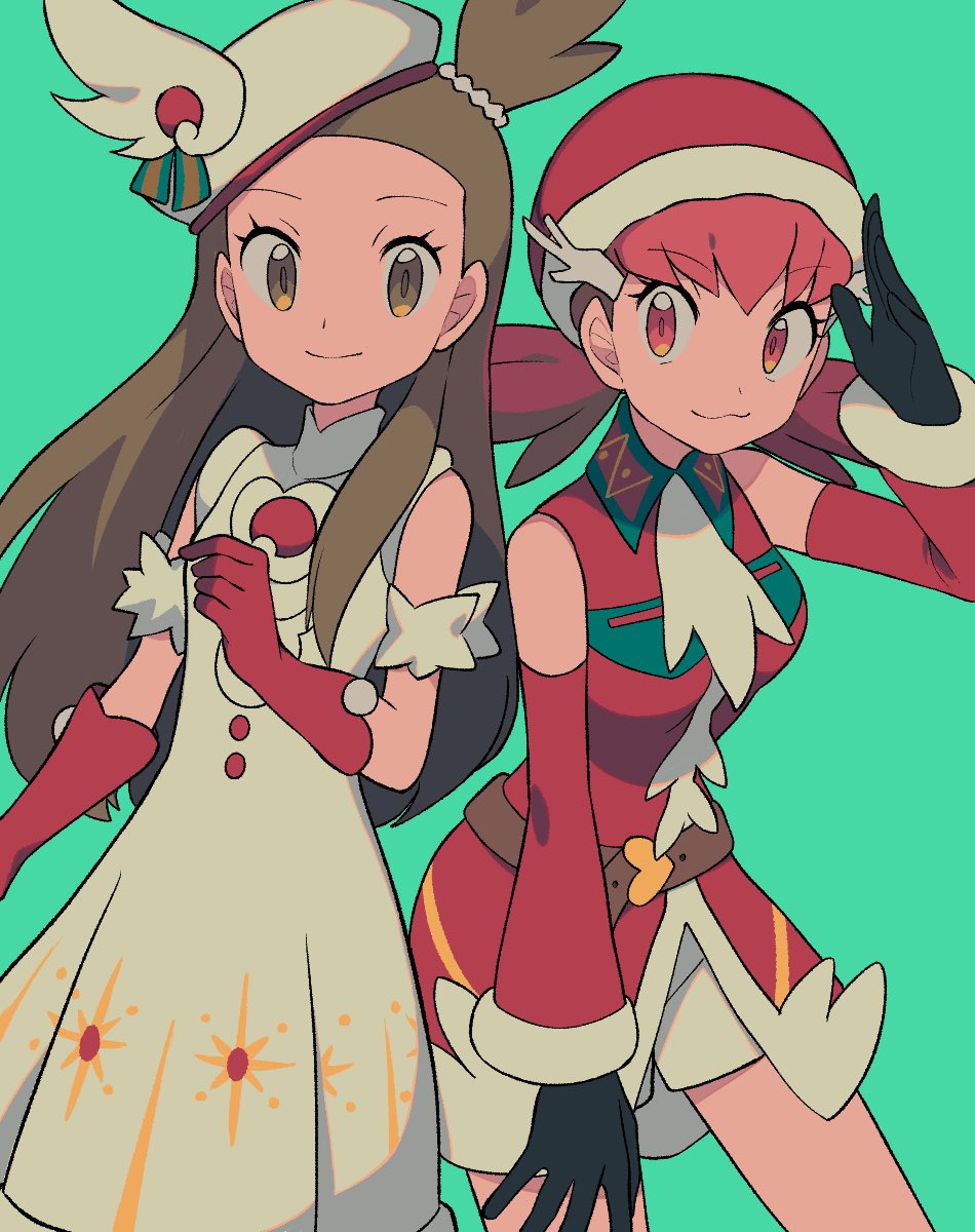 2girls, :3, bare_shoulders, belt, beret, black_gloves, brown_belt, brown_hair