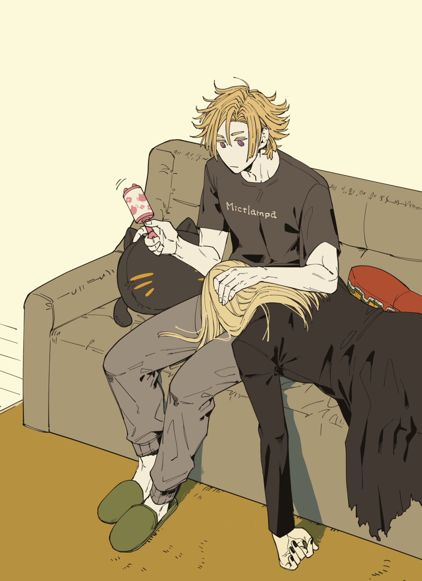 2boys, absurdres, black_jacket, black_nails, black_shirt, blonde_hair, cat_pillow, couch, daybit_sem_void, fate/grand_order, fate_(series), full_body, grey_pants, highres, indoors, jacket, kokujin_youhei, long_hair, long_sleeves, lying, male_focus, multiple_boys, on_couch, on_stomach, pants, pillow, shirt, short_hair, short_sleeves, sitting, slippers, tezcatlipoca_(fate), violet_eyes