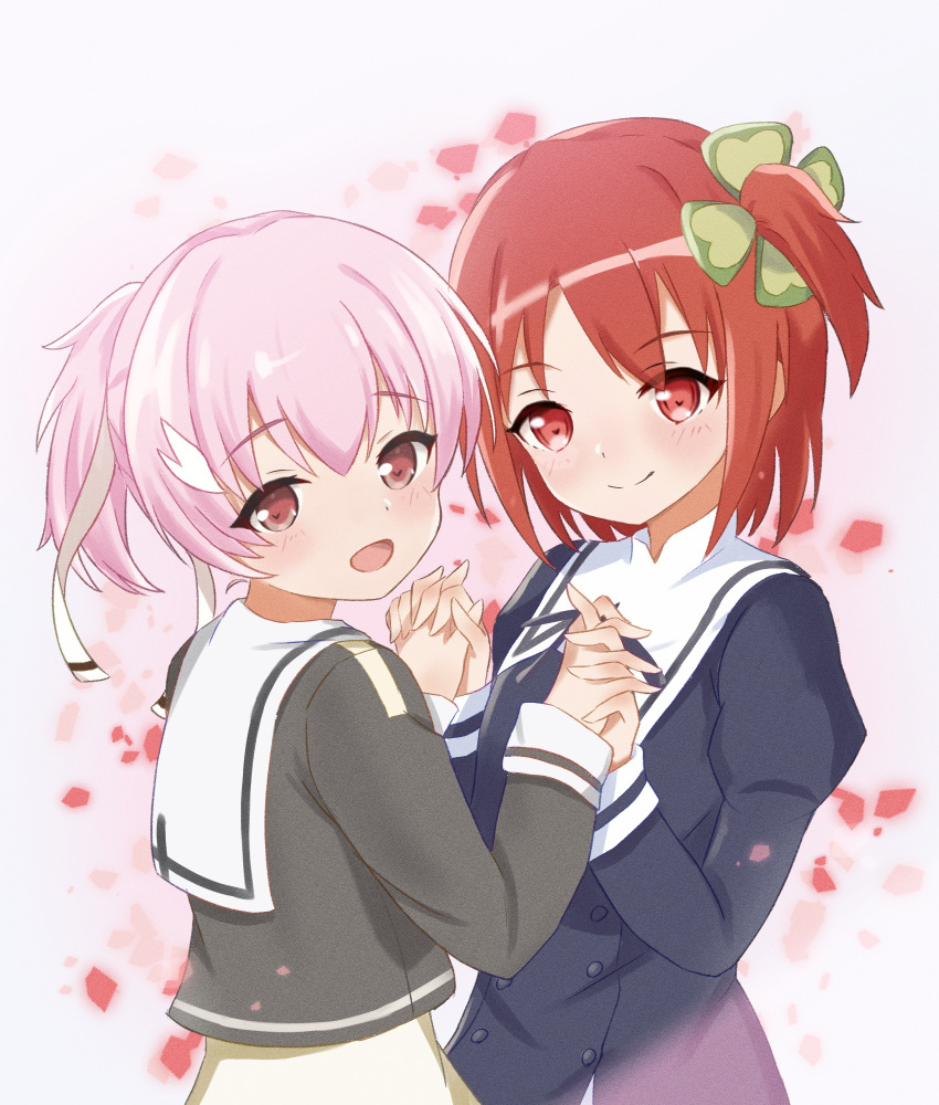 1717inamin, 2girls, alternate_hairstyle, assault_lily, black_ribbon, black_skirt, blush, brown_eyes