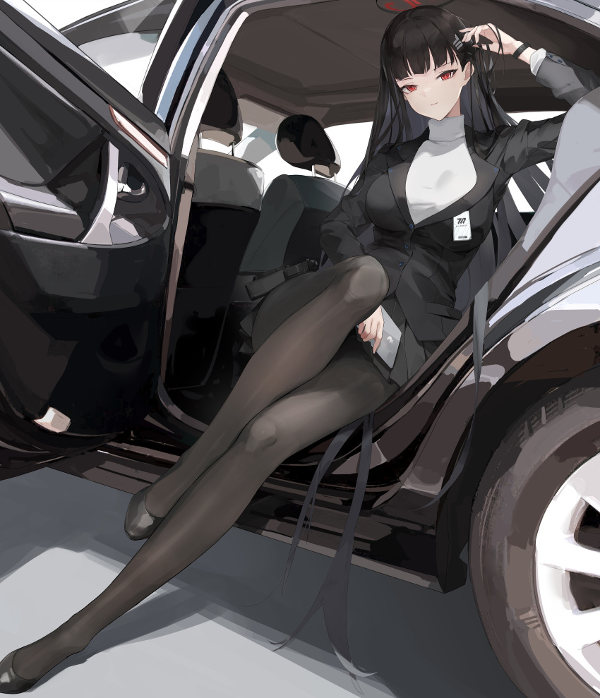 1girl, absurdres, black_hair, black_jacket, black_pantyhose, black_skirt, blazer, blue_archive