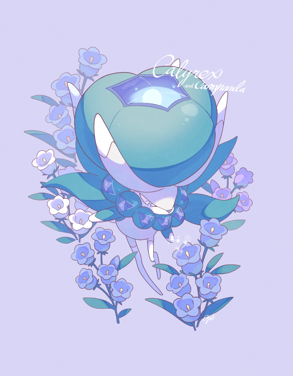 blue_flower, bright_pupils, calyrex, character_name, flower, full_body, grey_background, grey_eyes