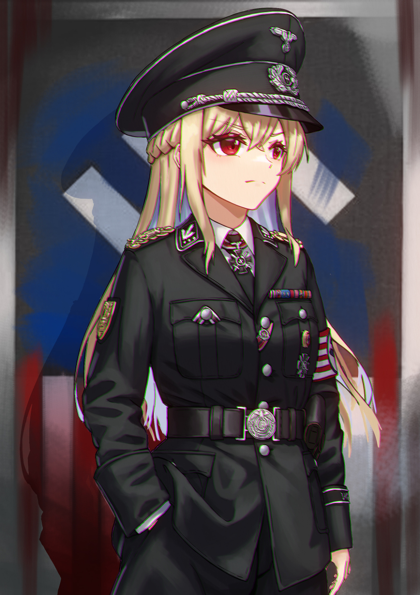 1girl, armband, belt, blonde_hair, cosplay, cross, half_updo, hand_in_pocket