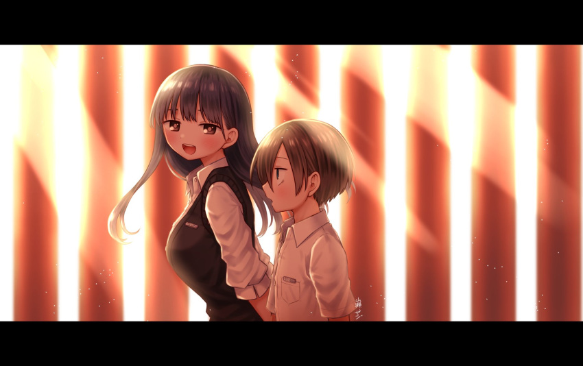 1boy, 1girl, black_sweater_vest, blue_hair, blush, boku_no_kokoro_no_yabai_yatsu, brown_eyes, dark_blue_hair