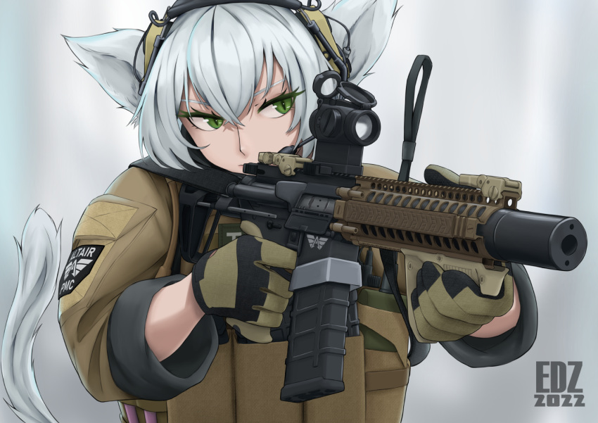 1girl, aiming, angled_foregrip, animal_ears, ar-15, artist_name, assault_rifle, cat_ears