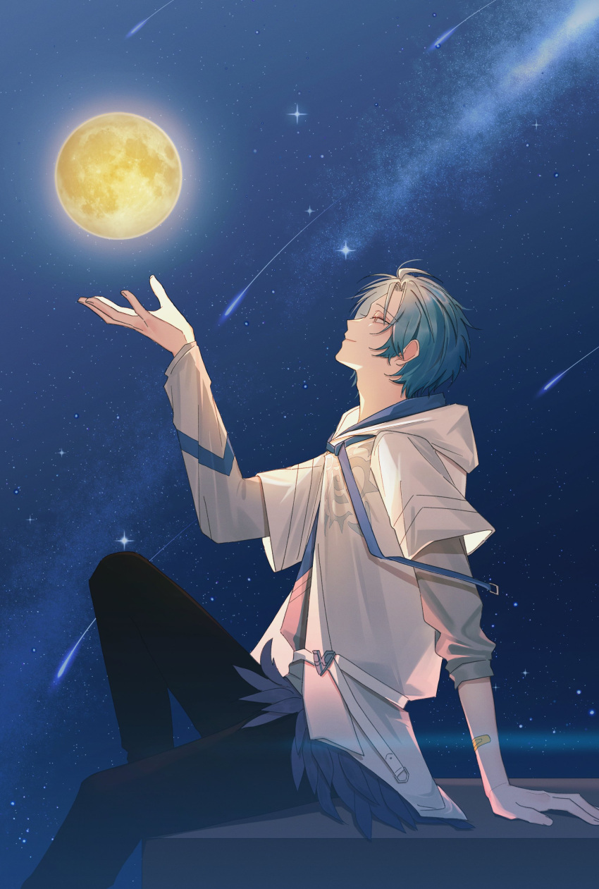 1boy, absurdres, aqua_eyes, arm_support, asymmetrical_sleeves, bandaid, bandaid_on_arm, belt