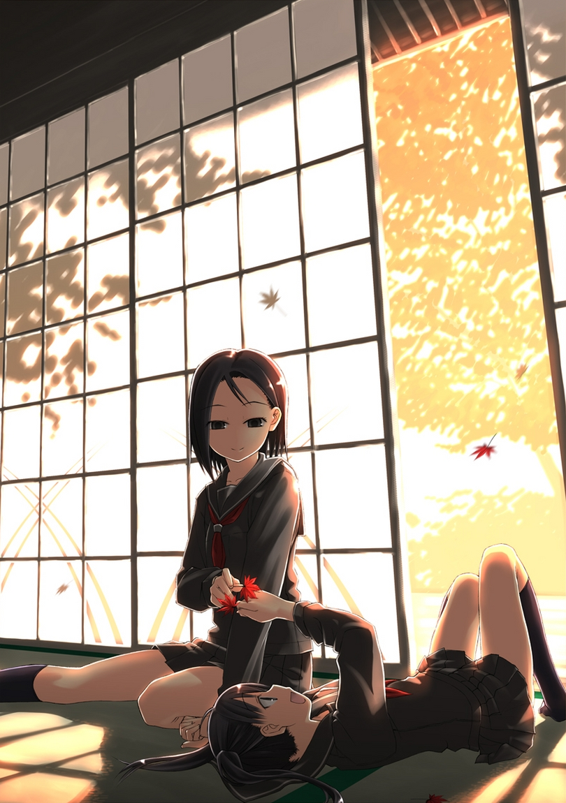 2girls, black_hair, leaf, matsumoto_tomoki, multiple_girls, original, school_uniform, serafuku