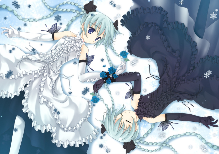 blue_eyes, blue_hair, blue_rose, braid, butterfly, chuujou_kagetsu, dress, elbow_gloves