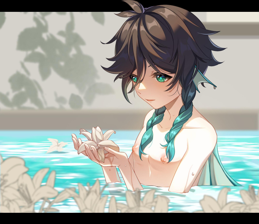 1boy, aqua_hair, back_fin, black_hair, braid, chinese_commentary, commentary_request, fins