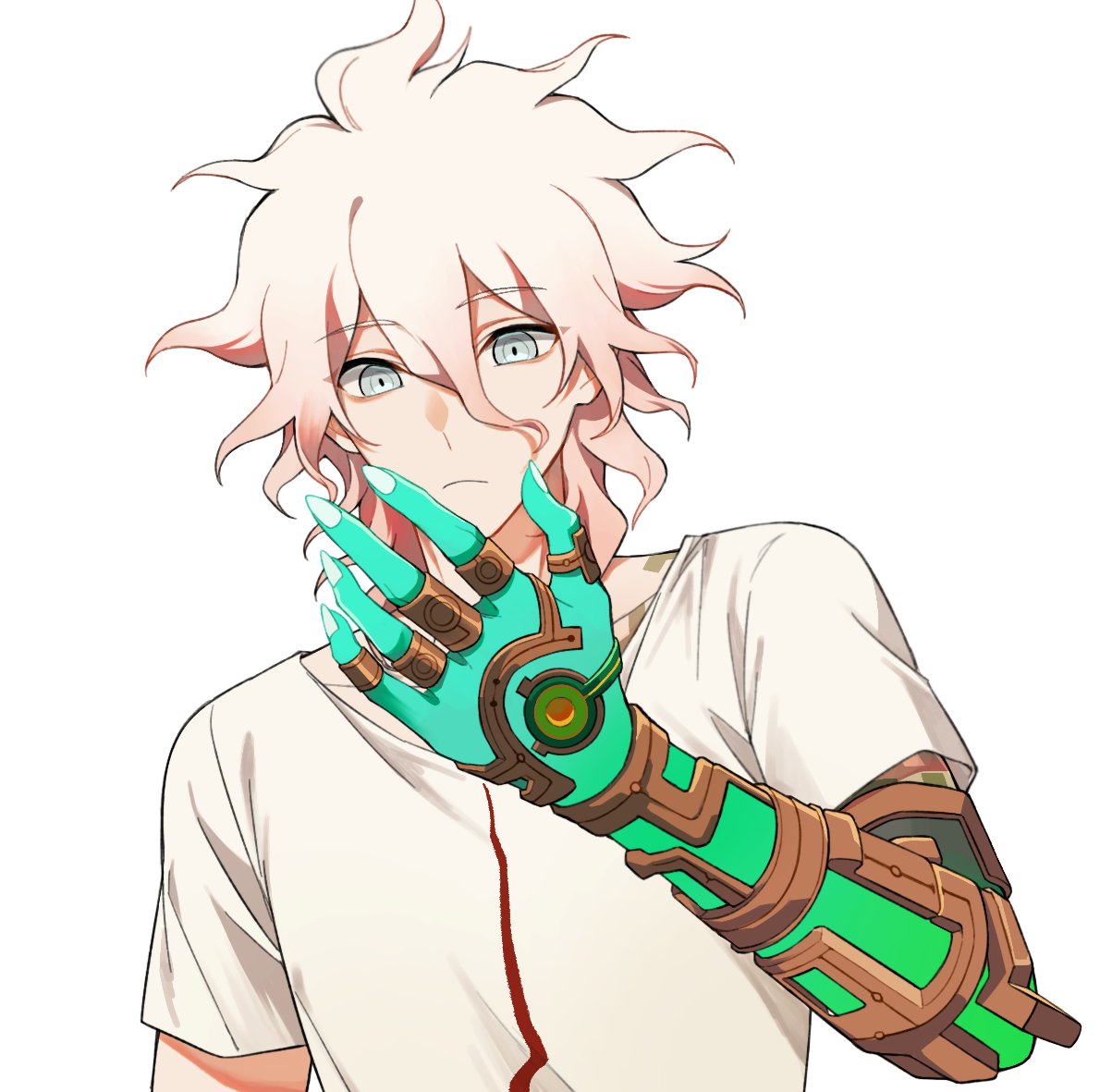 1boy, amera_(irisqr3), closed_mouth, colored_skin, danganronpa_(series), danganronpa_2:_goodbye_despair, frown, gradient_background