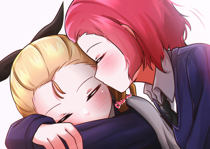 2girls, absurdres, assam_(girls_und_panzer), blonde_hair, blush, closed_eyes, girls_und_panzer, hair_ribbon