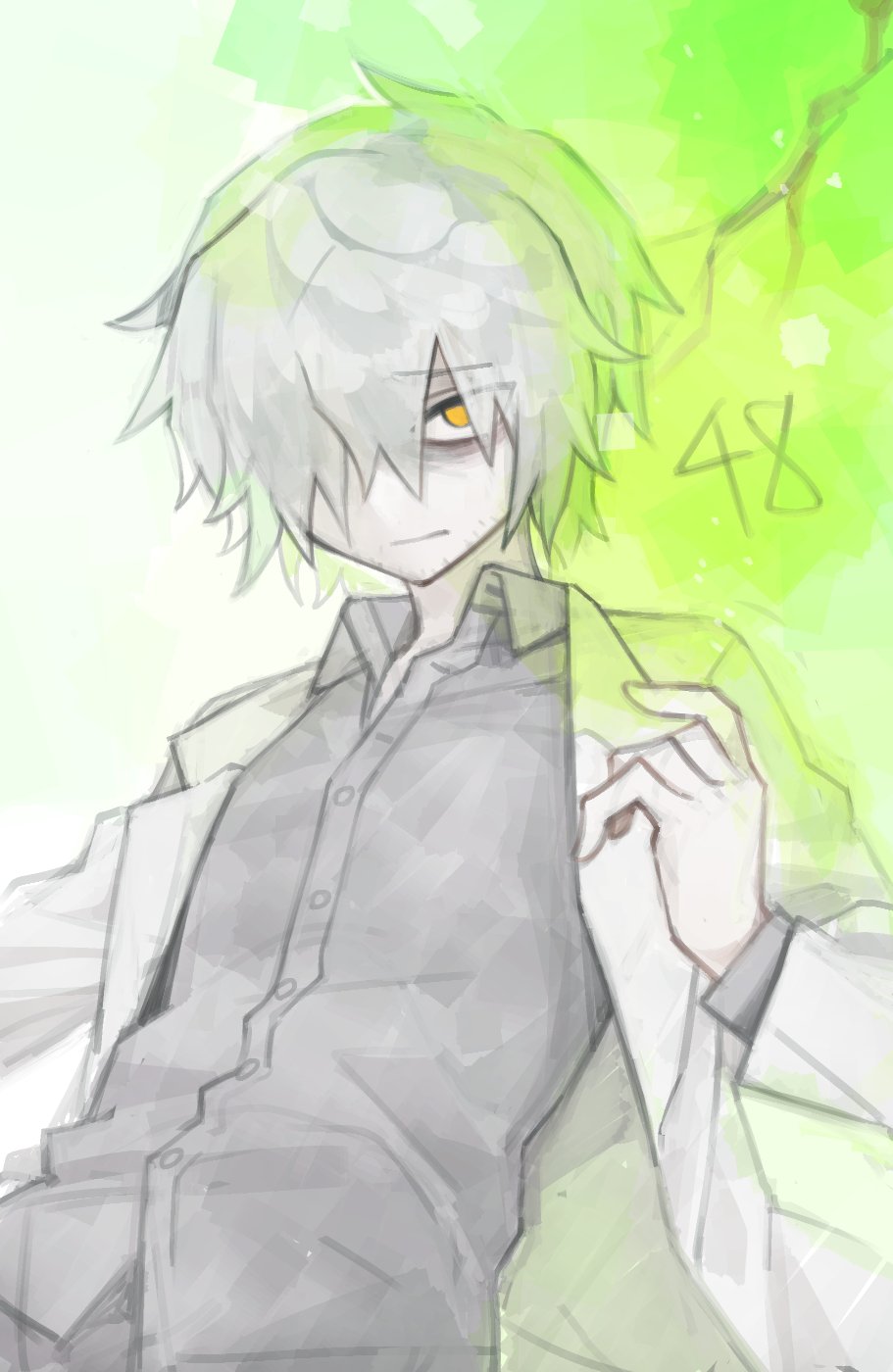 1boy, abram_(project_moon), black_shirt, coat, collared_shirt, commentary, enkephalin_(project_moon), facial_hair