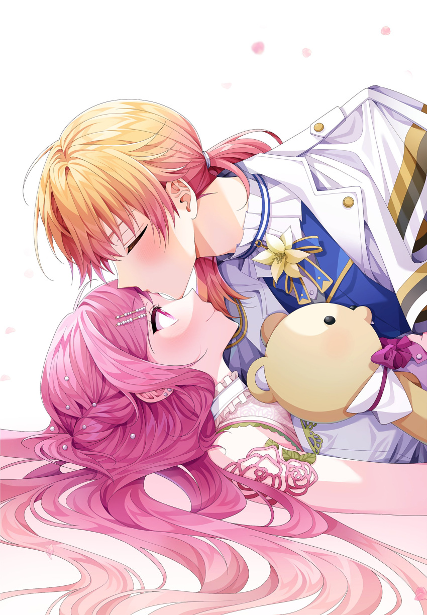 1boy, 1girl, absurdres, blonde_hair, bow, bowtie, braid, closed_eyes