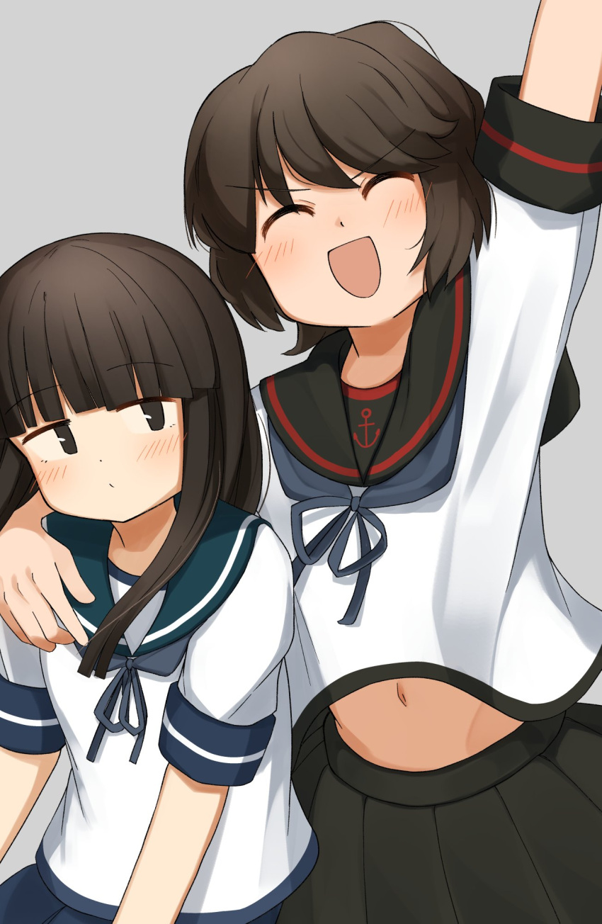 2girls, black_hair, black_sailor_collar, black_skirt, blue_neckerchief, blue_sailor_collar, blue_skirt, blunt_bangs