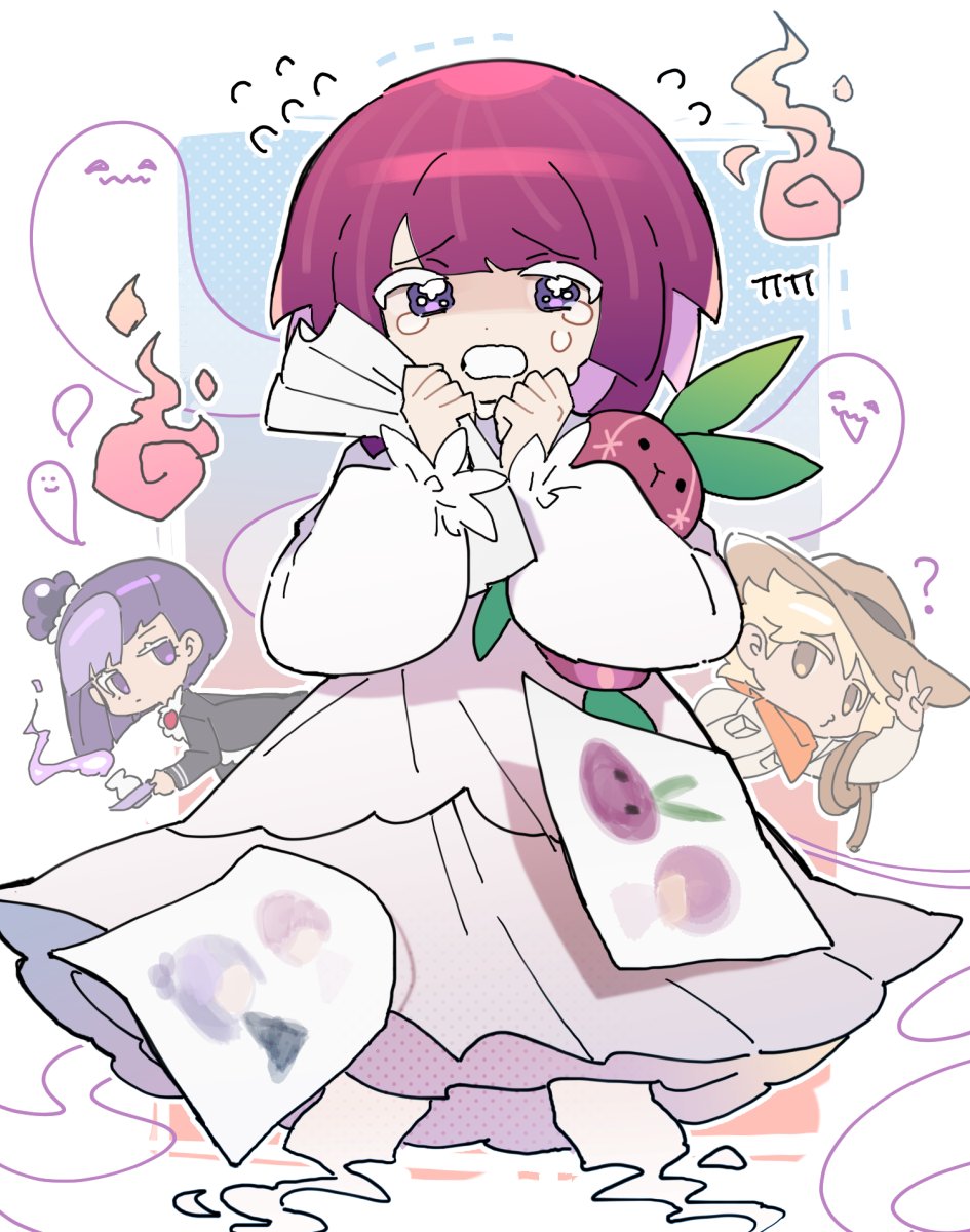 1boy, 2girls, adventurer_cookie, blackberry_cookie, closed_mouth, cookie_run, crying, drawing