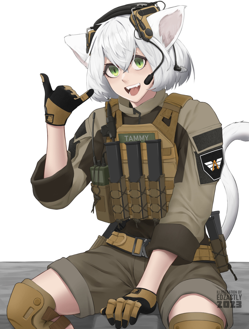 1girl, animal_ears, artist_name, cat_ears, cat_girl, cat_tail, chest_rig, commentary