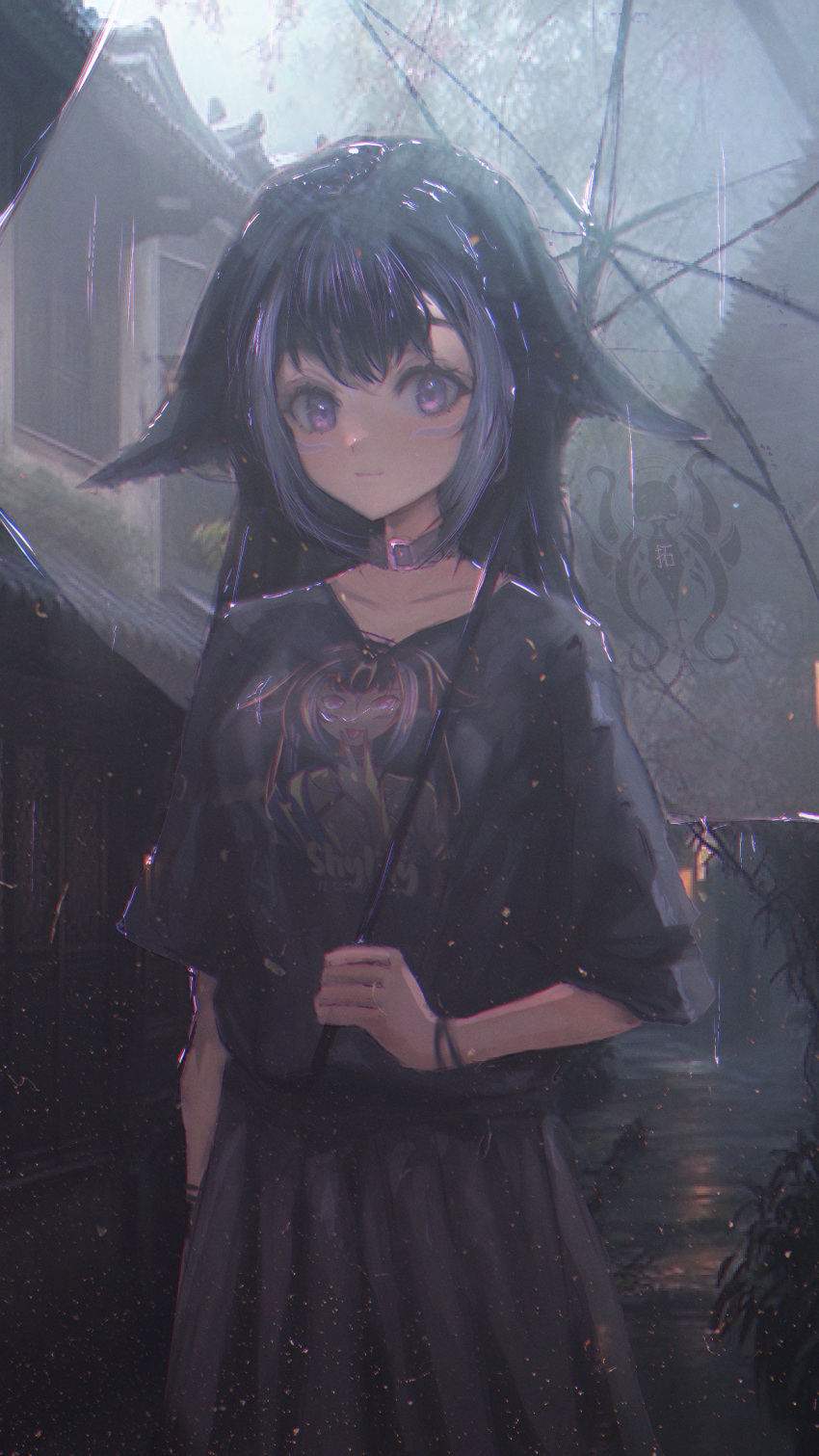 1girl, absurdres, animal_ears, belt_collar, black_bracelet, black_hair, black_shirt, black_skirt