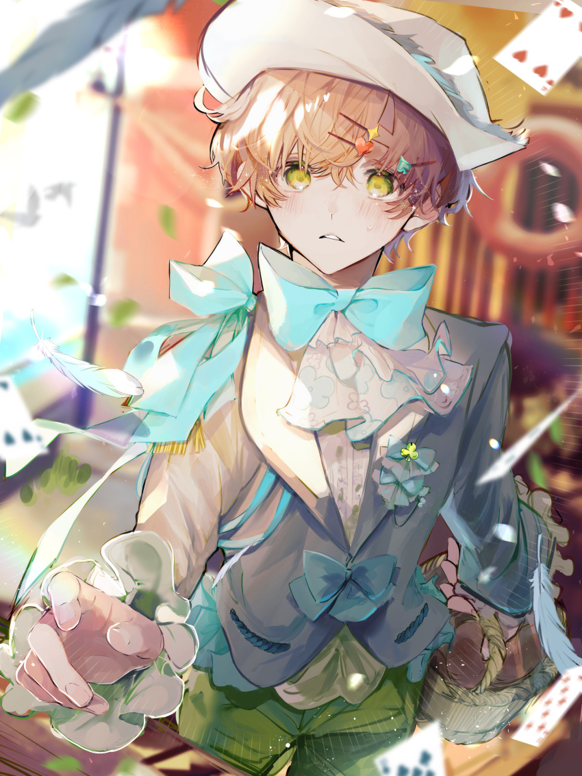 1boy, absurdres, blue_bow, blue_jacket, blush, bow, card, four_of_hearts