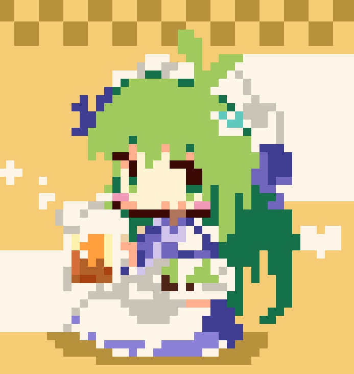 beer_mug, blue_dress, blue_ribbon, blush_stickers, commentary, cup, dress, food