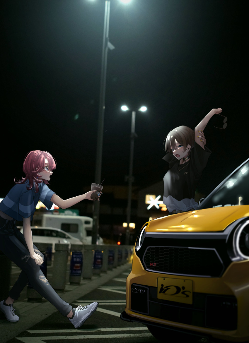 2girls, arms_up, black_choker, black_shirt, blue_shirt, blurry, brown_eyes, choker, cup, denim, depth_of_field, full_body, grey_footwear, highres, holding, holding_cup, honda_n-one, jeans, leaning_forward, long_hair, looking_at_another, medium_hair, multiple_girls, night, original, outdoors, pants, parking_lot, photo_background, pink_hair, shirt, shoes, short_sleeves, sitting, sneakers, stretching, torn_clothes, torn_pants, yellow_car, you'a
