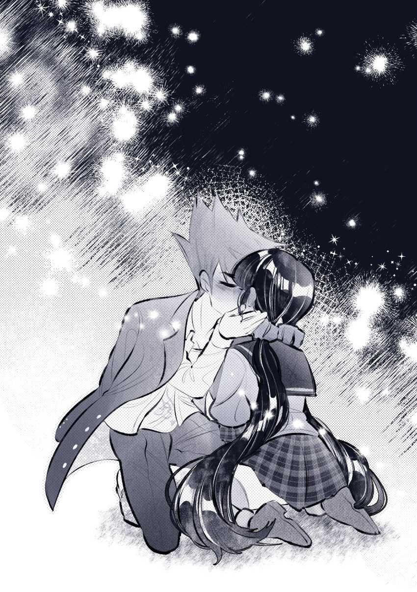 1boy, 1girl, absurdres, black_background, blush, danganronpa_(series), danganronpa_v3:_killing_harmony, grey_background, greyscale, harukawa_maki, hellshake_yuli, hetero, highres, jacket, jacket_on_shoulders, kiss, kneeling, long_hair, low_twintails, momota_kaito, monochrome, open_clothes, open_shirt, pants, plaid, plaid_skirt, pleated_skirt, sailor_collar, shirt, shoes, short_hair, skirt, spiky_hair, thigh-highs, twintails