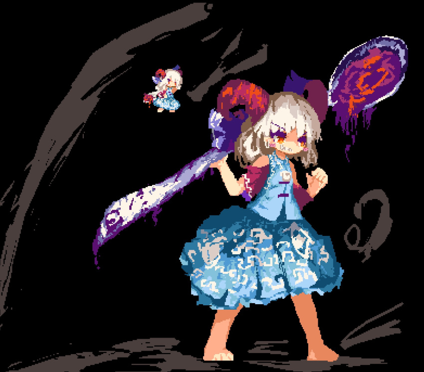 bare_legs, barefoot, blue_dress, blue_ribbon, chibi, curly_hair, dark_background, detached_sleeves