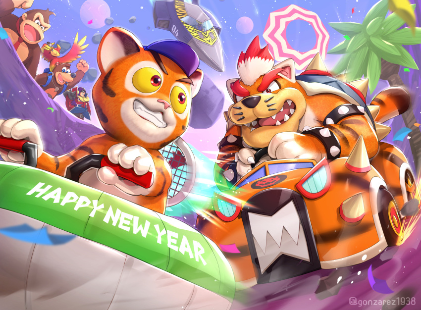 6+boys, :d, animal_ears, arm_up, armlet, baba_(f-zero), backpack, bag, banjo-kazooie, banjo_(banjo-kazooie), baseball_cap, bird, blood_falcon, blue_eyes, blue_headwear, blue_sky, bodysuit, bowser, bracelet, cat_ears, cheering, clenched_hand, clenched_teeth, commentary_request, confetti, crossed_arms, crossover, day, diddy_kong_racing, domino_mask, donkey_kong, donkey_kong_(series), driving, english_commentary, english_text, f-zero, furry, furry_male, gloves, go-kart, gonzarez, gorilla, grin, happy, happy_new_year, hat, helmet, highres, holding, holding_instrument, hovercraft, instrument, jewelry, kazoo, kazooie_(banjo-kazooie), looking_at_another, looking_to_the_side, mario_kart, mask, meowser, mixed-language_commentary, multicolored_hair, multiple_boys, multiple_crossover, music, necktie, open_mouth, outdoors, palm_tree, playing_instrument, purple_gloves, purple_headwear, racing, red_bodysuit, red_eyes, red_necktie, redhead, scarf, sharp_teeth, shoulder_spikes, sky, smile, spiked_armlet, spiked_bracelet, spikes, steering_wheel, super_mario_bros., tail, teeth, thick_eyebrows, tiger_boy, timber_(diddy_kong_racing), tree, twitter_username, two-tone_hair, watercraft, watermark, whiskers, white_hair, yellow_scarf