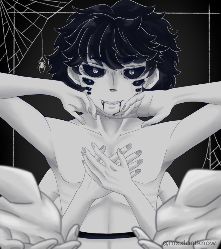 1boy, arms, belt, black_background, black_hair, black_sclera, charon_(ghost_and_pals), dripping