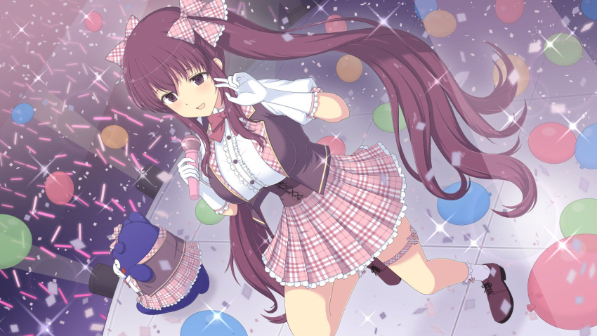 1girl, balloon, bebe-tan, blush, bow, breasts, brown_footwear, concert