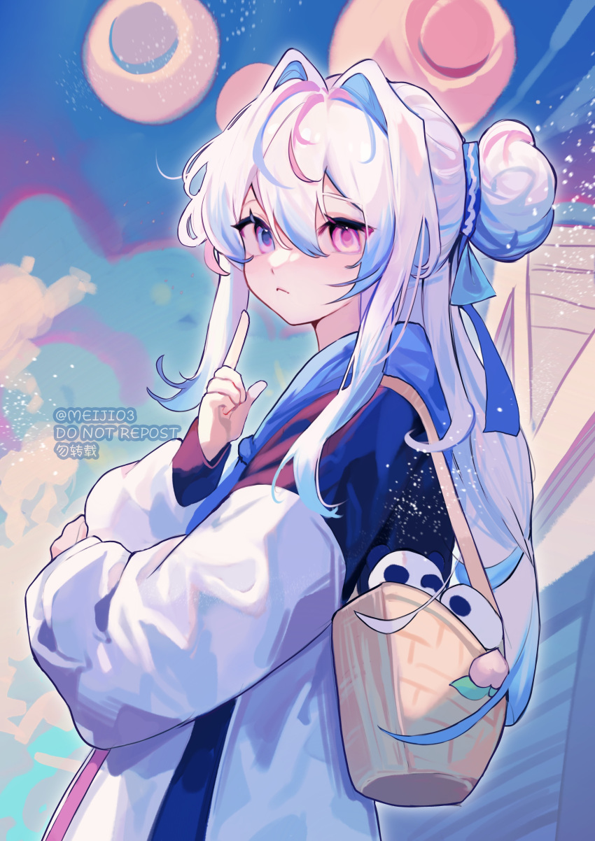1girl, absurdres, artist_name, bag, blue_eyes, blue_ribbon, clouds, day