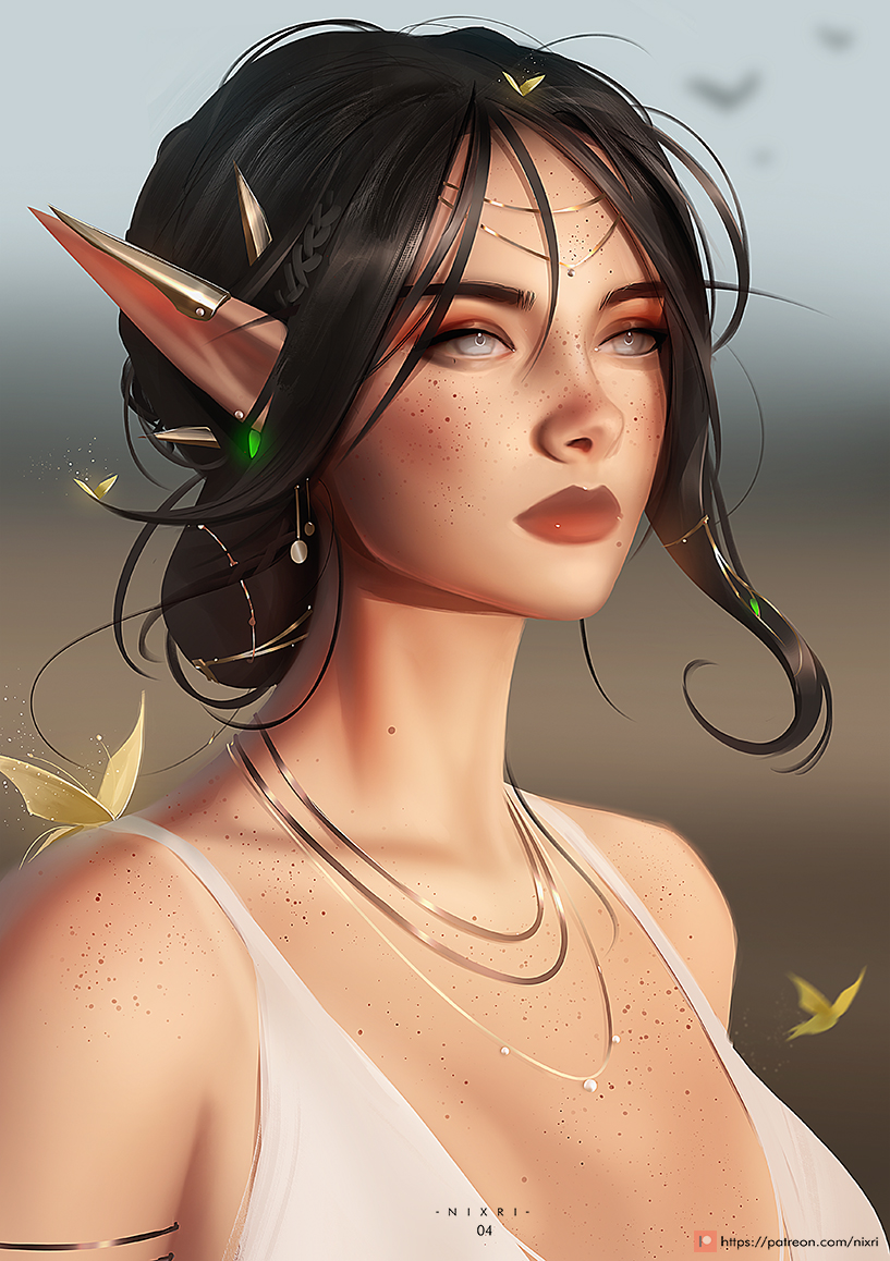 1girl, black_hair, blurry, blurry_background, bug, butterfly, circlet, earrings