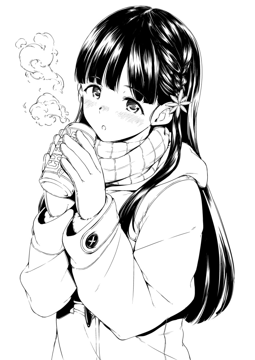 1girl, blush, can, coat, comiket_93, gloves, greyscale, hamao