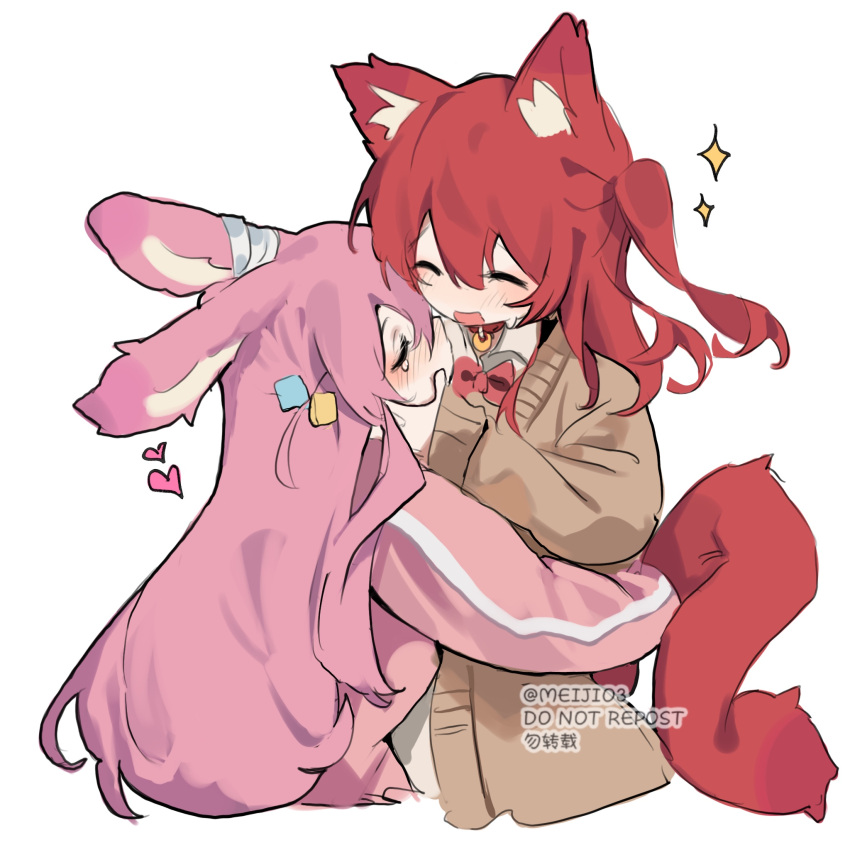 2girls, :d, animal_ears, bandaged_ear, blush, bocchi_the_rock!, bow, bowtie