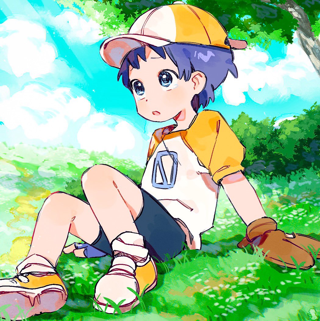 1boy, baseball_cap, baseball_mitt, blue_sky, child, clouds, cloudy_sky, english_commentary