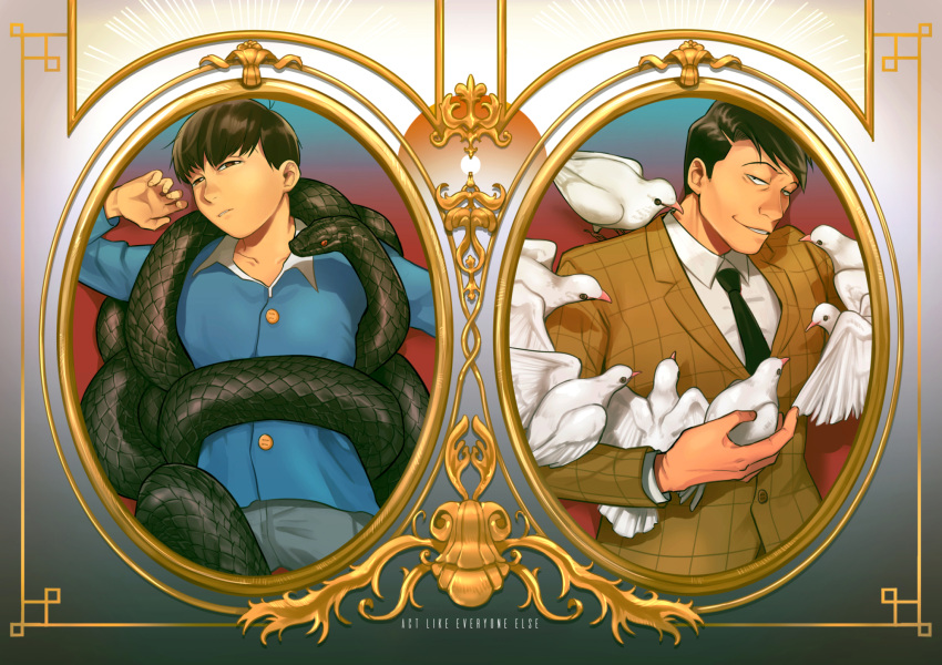 black_hair, black_snake, buttons, child, collared_shirt, english_text, evil_grin, evil_smile