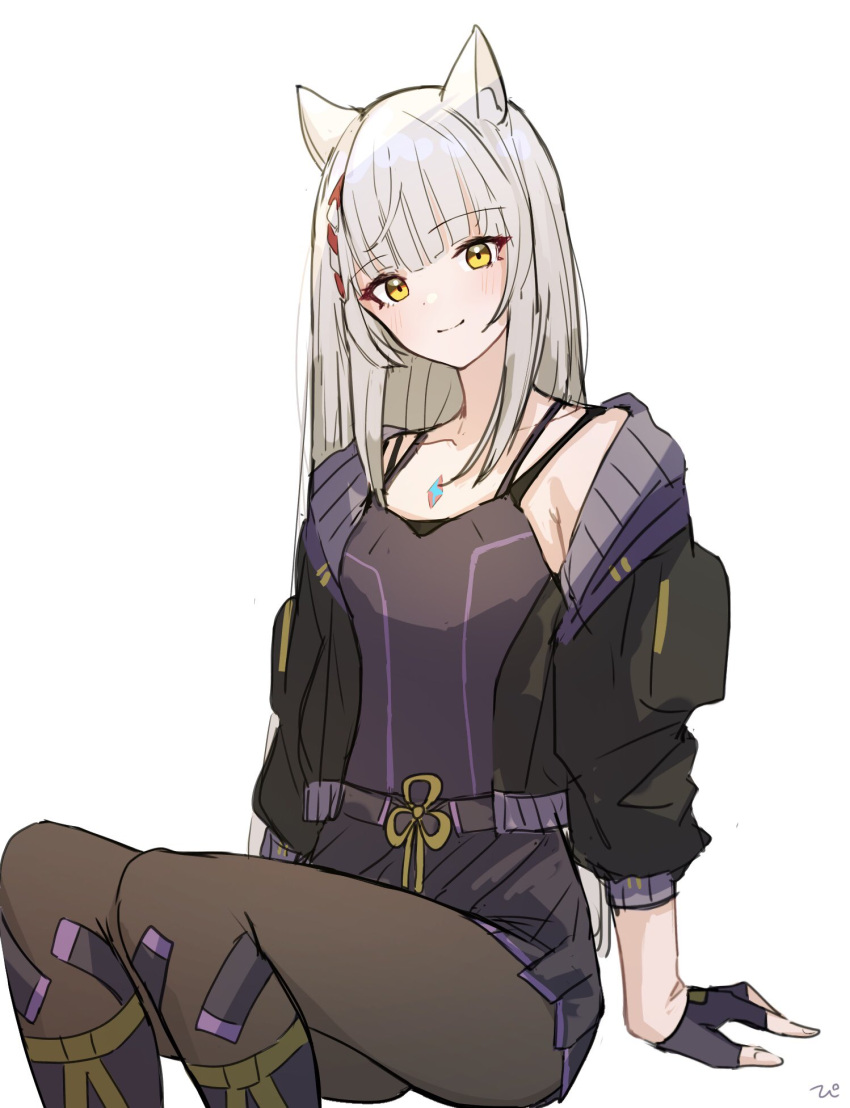 animal_ears, black_jacket, black_skirt, black_tank_top, black_thighhighs, boots, braid, cat_ears, collarbone, core_crystal_(xenoblade), ewokakupiece, feet_out_of_frame, fingerless_gloves, gloves, half_gloves, highres, jacket, long_hair, looking_at_viewer, mio_(xenoblade), official_alternate_color, official_alternate_hair_length, official_alternate_hairstyle, pantyhose, side_braid, sitting, skirt, smile, spoilers, tank_top, thigh-highs, white_hair, xenoblade_chronicles_(series), xenoblade_chronicles_3, yellow_eyes
