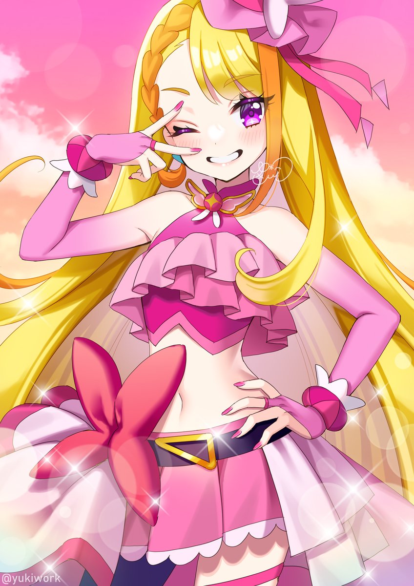 1girl, belt_bow, blonde_hair, brooch, clouds, cloudy_sky, cure_butterfly, earrings