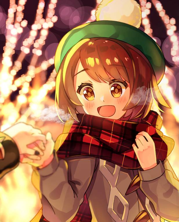 2girls, :d, blush, bob_cut, brown_eyes, brown_hair, cable_knit, cardigan, commentary_request, gloria_(pokemon), green_headwear, grey_cardigan, hat, holding_hands, komomomito, marnie_(pokemon), multiple_girls, open_mouth, outdoors, plaid, plaid_scarf, pokemon, pokemon_(game), pokemon_swsh, scarf, short_hair, smile, tam_o'_shanter, yuri