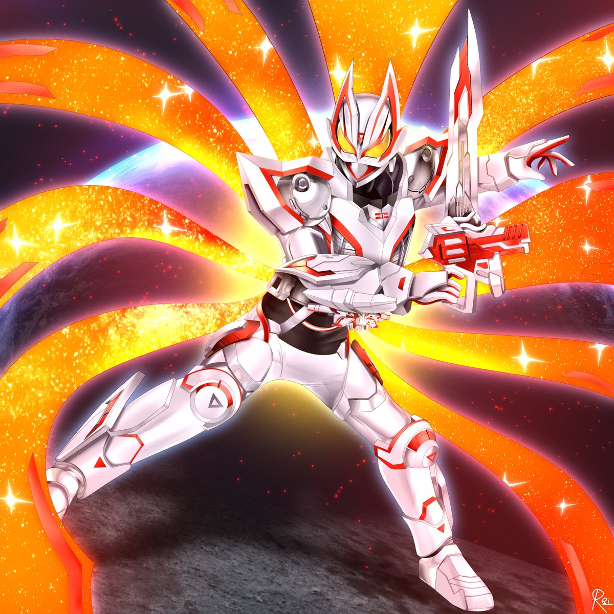 1boy, armor, bodysuit, boost_mark_ix_buckle, desire_driver, extra_tails, finishing_move, geats_buster_qb9