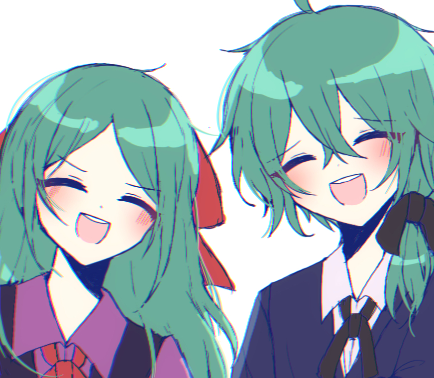 1boy, 1girl, ashe_bradley, black_bow, black_ribbon, black_vest, blue_vest, blush, bow, brother_and_sister, closed_eyes, collared_shirt, green_hair, grey_background, hair_bow, lilia_bradley, long_hair, low_ponytail, marukura, medium_hair, neck_ribbon, open_mouth, purple_shirt, red_ribbon, ribbon, shirt, siblings, smile, teeth, vest, white_shirt, witch's_heart