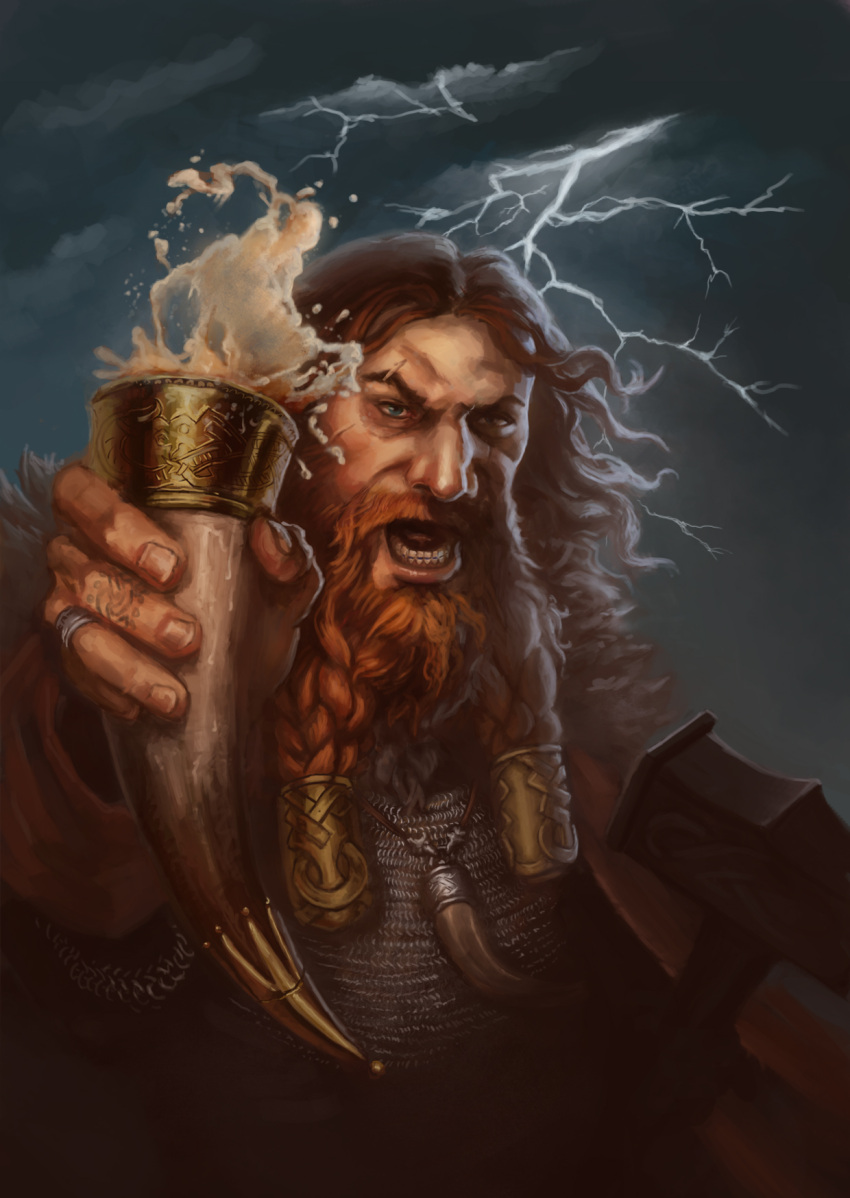 1boy, beard, blue_eyes, braid, braided_beard, commentary, cup, drinking_horn