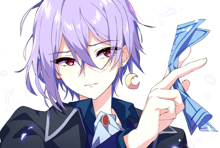 1boy, absurdres, ascot, black_jacket, blue_shirt, blush, ciaociaovita, collared_shirt, crescent, crescent_earrings, earrings, facing_viewer, grey_background, highres, holding, holding_paper, jacket, jewelry, long_sleeves, looking_to_the_side, male_focus, paper, purple_hair, red_eyes, shirt, short_hair, sirius_gibson, solo, unhappy, white_ascot, witch's_heart